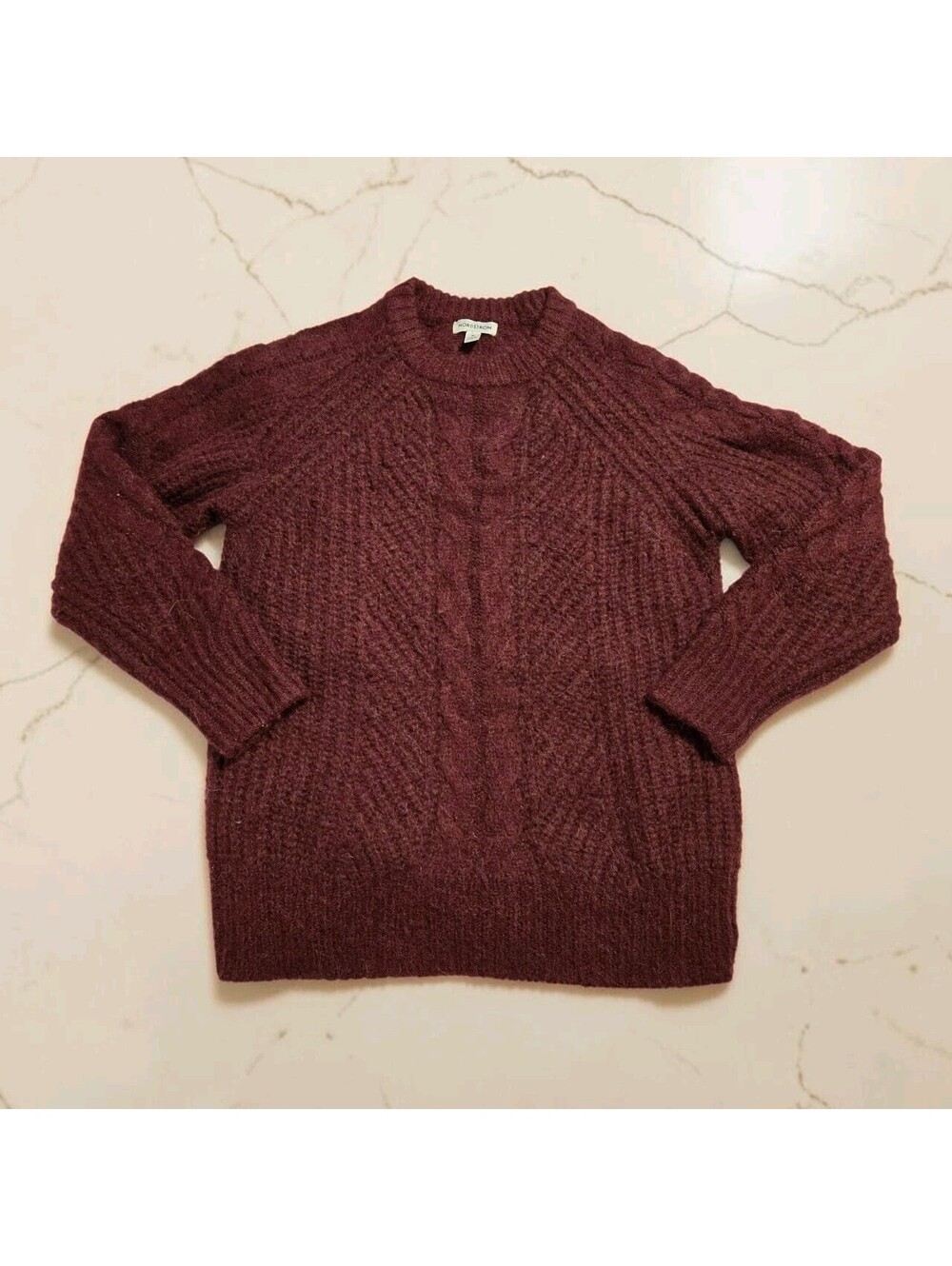 Nordstrom Burgundy Cable Knit Alpaca Blend Crewneck Sweater Top Womens Size M